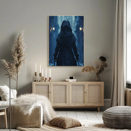 Mysterious Hooded Figure in Fantasy Alleyway Poster PosterGoat