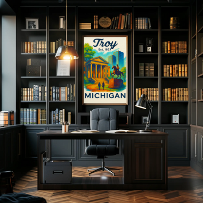 Troy Michigan City Hall Equestrian Statue Vintage Travel Poster