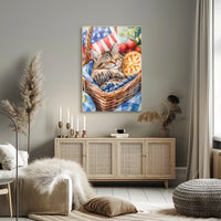 Fluffy Tabby Cat Sleeping In Basket With Fruit Poster
