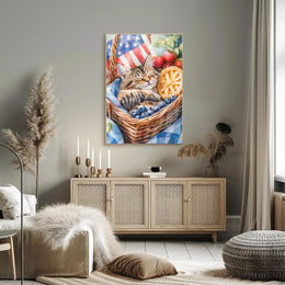 Fluffy Tabby Cat Sleeping In Basket With Fruit Poster