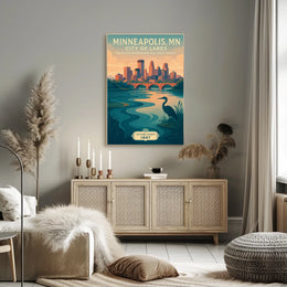 The poster depicts a serene and picturesque representation of Minneapolis, Minnesota, known as Travel Poster