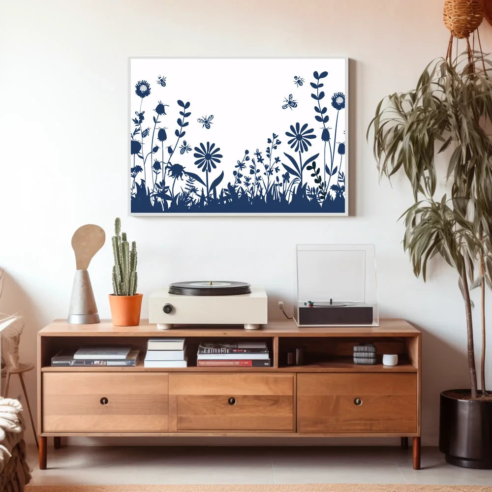 Garden Harmony: Blue Silhouette Bee and Flower Poster