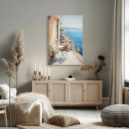 Mediterranean Balcony Scene: European Coastal Serenity Travel Poster