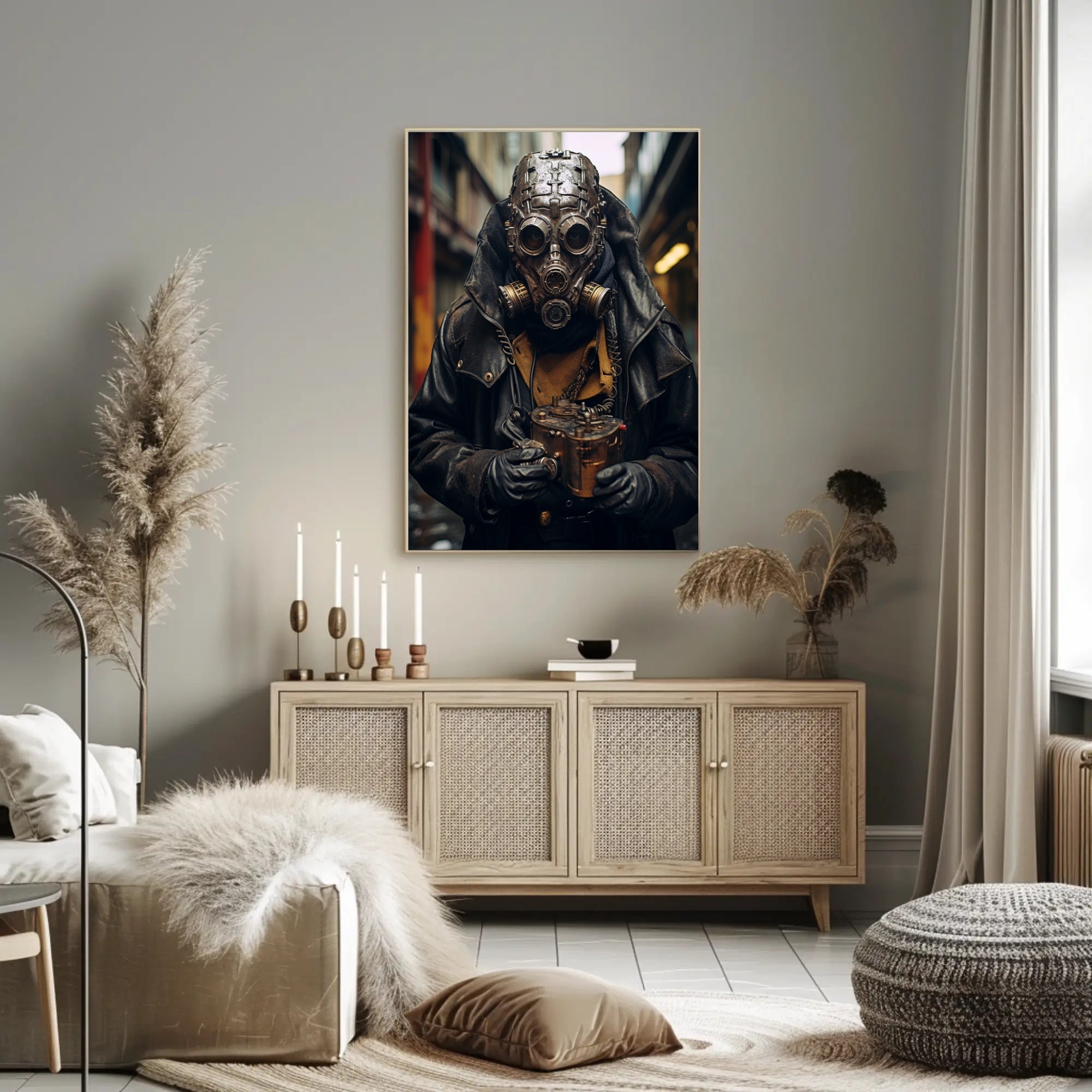 Dystopian Steampunk Survival Poster: Gritty, Mechanical, Urban Atmosphere