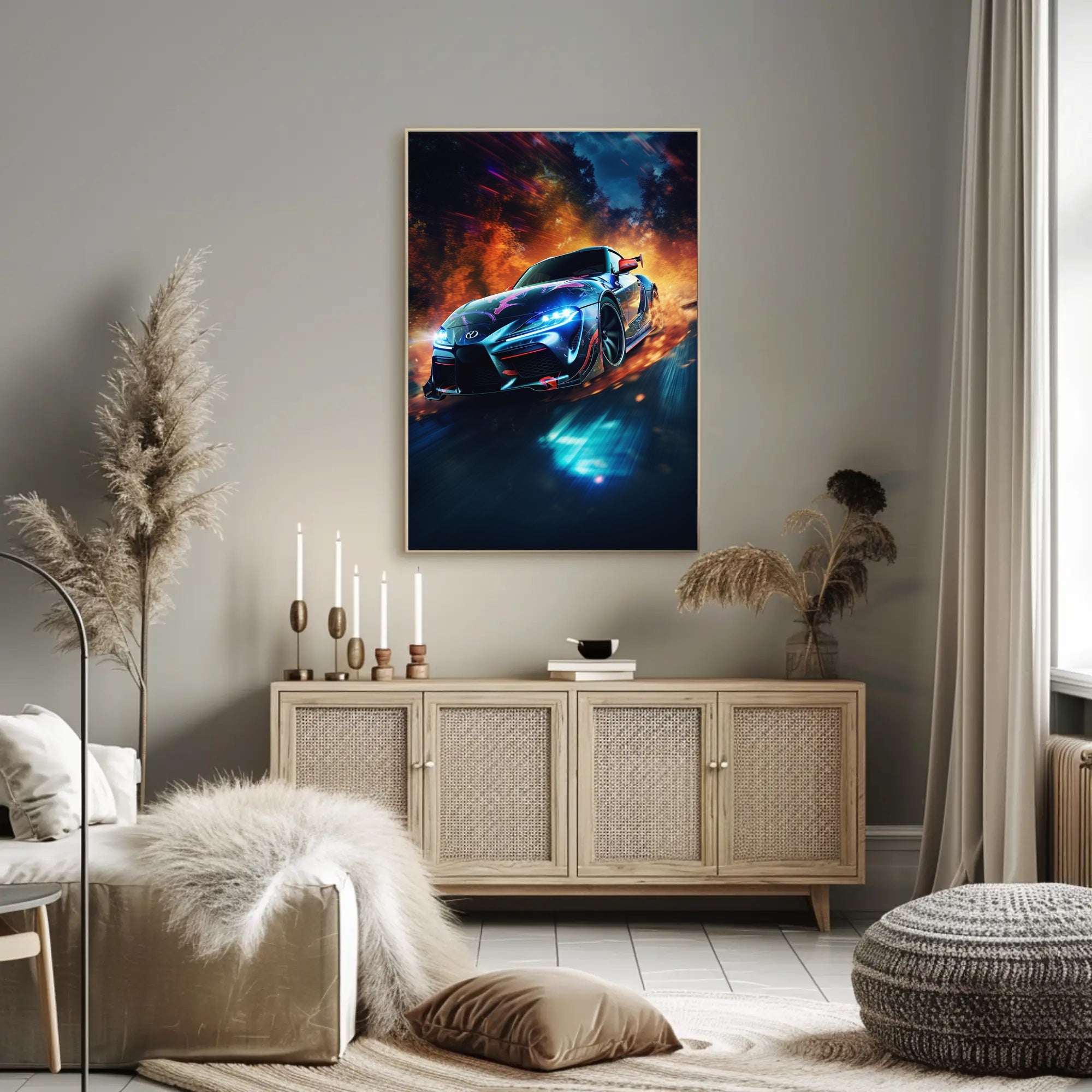 High-Speed Racing Car in Motion Sports Poster