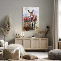 Cheerful Donkey Standing Beside Wooden Barrel Poster