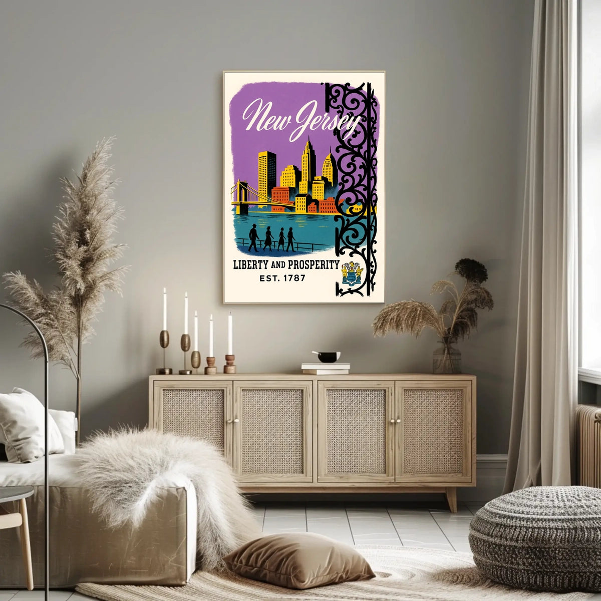New Jersey Cityscape Bridge Purple Sky Vintage Poster