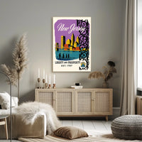 New Jersey Cityscape Bridge Purple Sky Vintage Poster