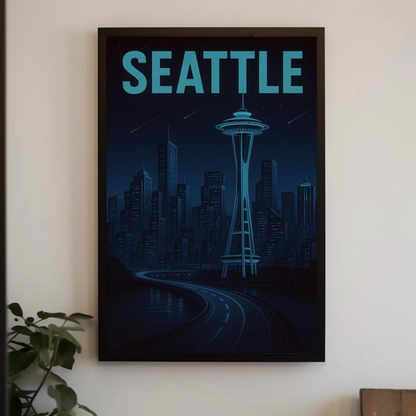 Seattle Futuristic Blue Night Skyline Space Needle Travel Poster