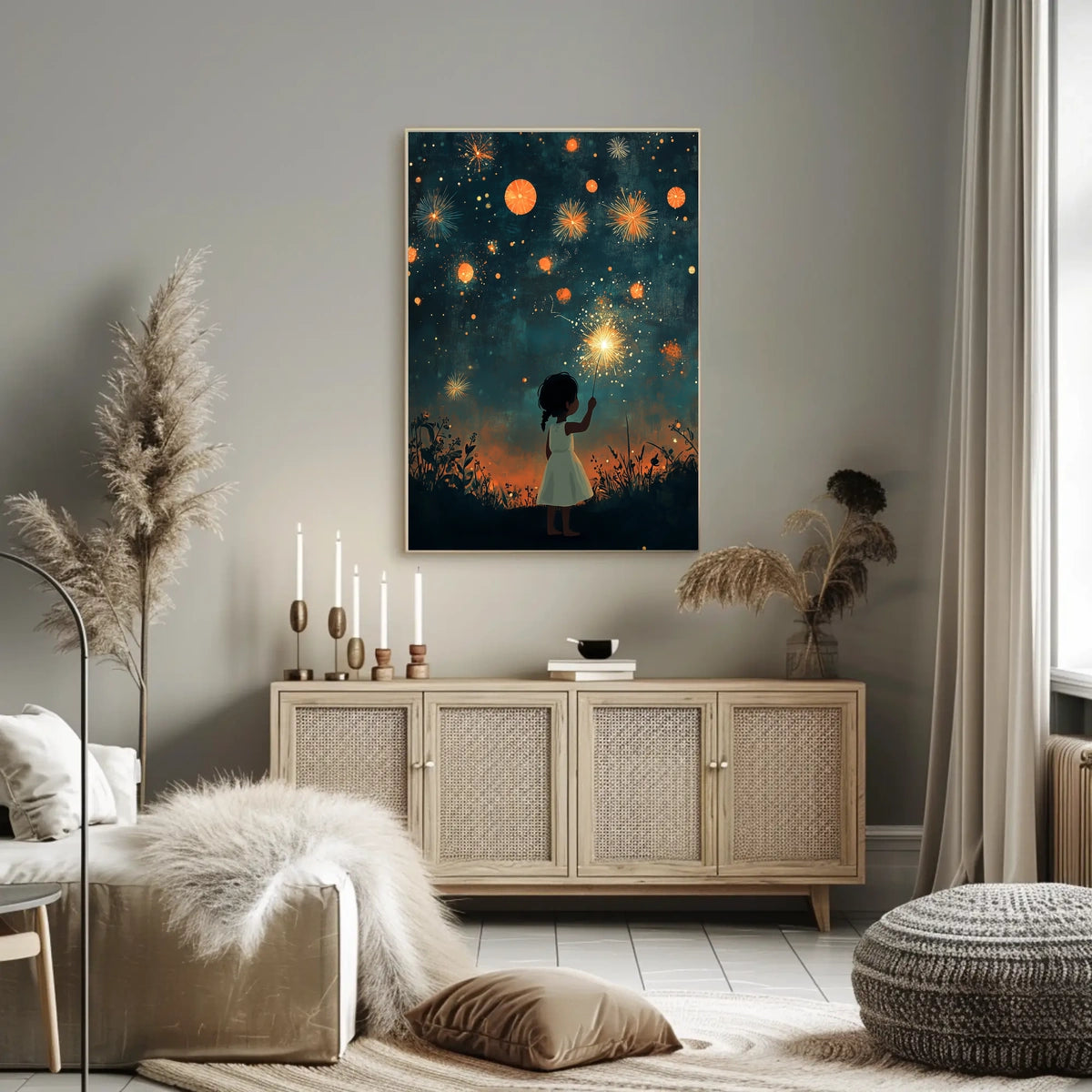 Child Holding Sparkler Under Night Sky Fireworks Poster