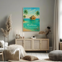This poster vividly captures a serene tropical paradise, likely set in the Maldives, Travel Poster