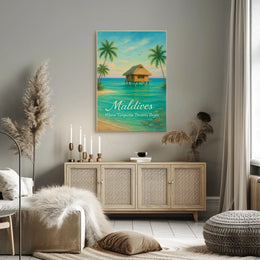 This poster vividly captures a serene tropical paradise, likely set in the Maldives, Travel Poster