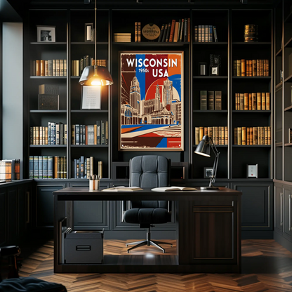 Wisconsin USA 1950s Urban Skyline Vintage Travel Poster