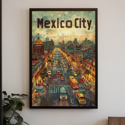 Mexico City Urban Nightlife Lanterns Travel Poster