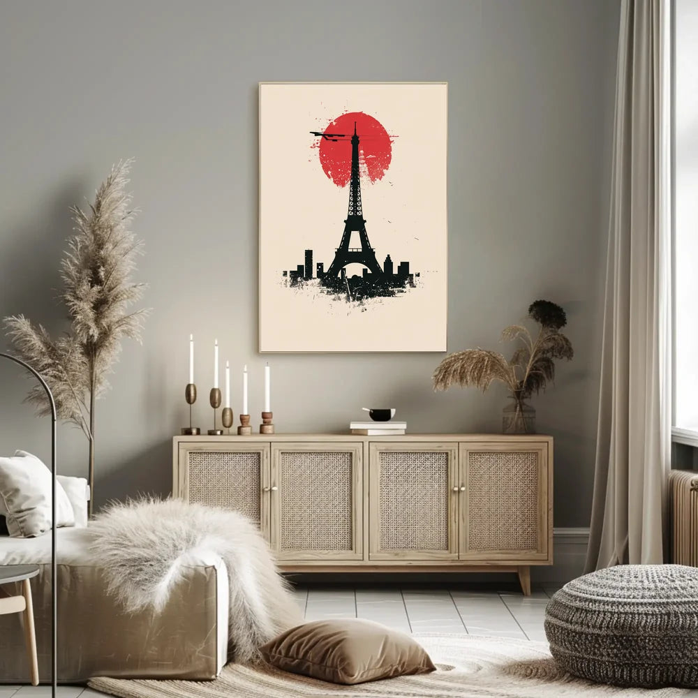 The poster features a stylized depiction of the Eiffel Tower in silhouette against Travel Poster