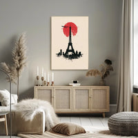 The poster features a stylized depiction of the Eiffel Tower in silhouette against Travel Poster