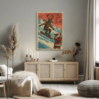 Whimsical Reindeer Snowboarding Vintage Christmas Poster