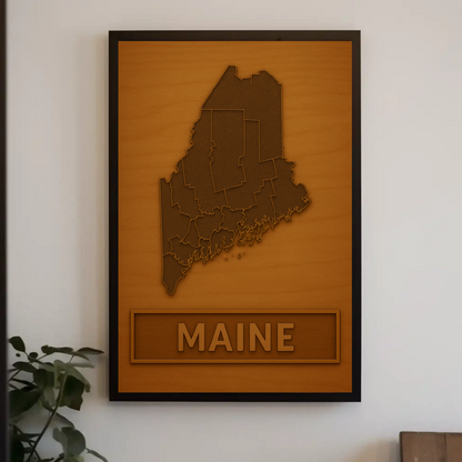 Maine Wooden Engraved State Outline Vintage Travel Poster