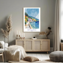 Kefalonia Coastal Charm in Watercolor Travel Poster PosterGoat