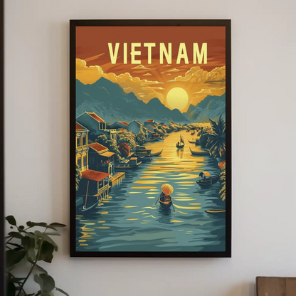 Vietnam River Sunset Floating Village Travel Poster
