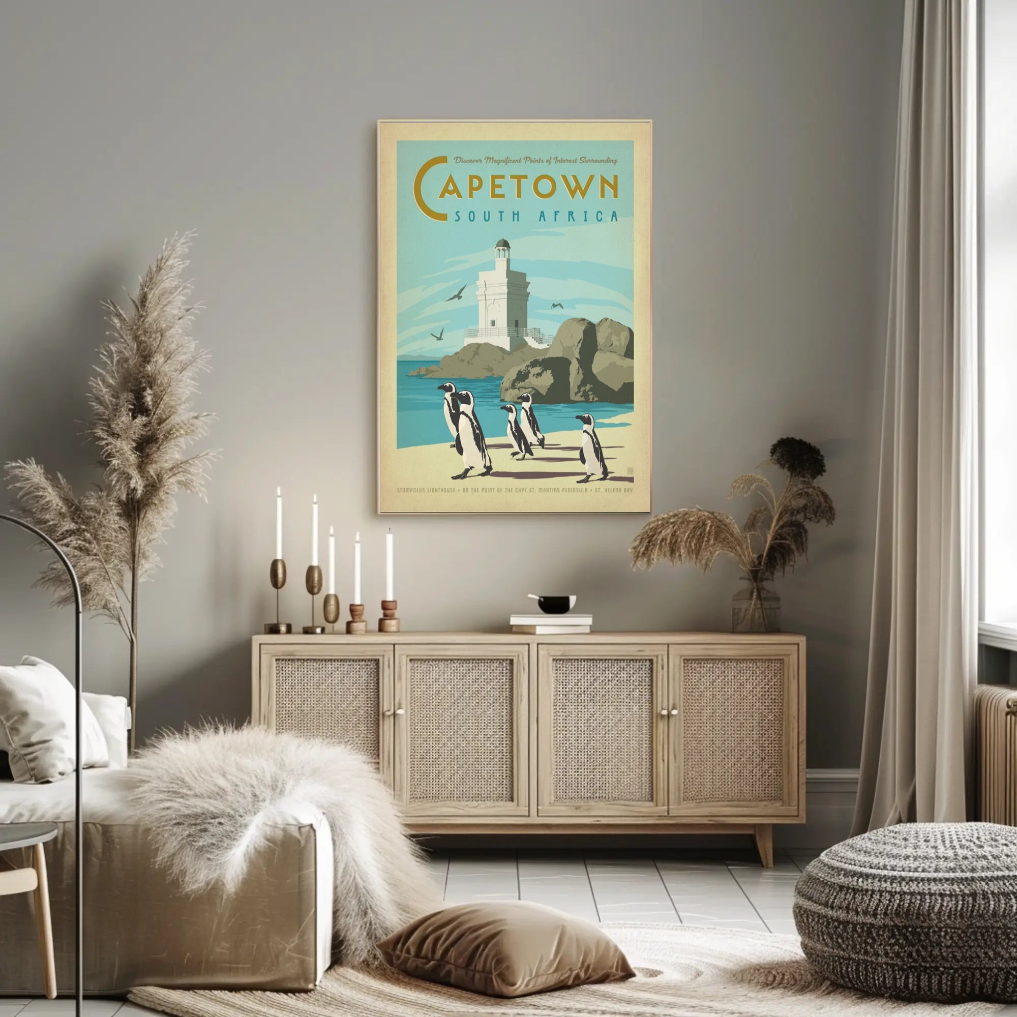 Cape Town Lighthouse and Penguins Travel Poster PosterGoat