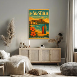 Honolulu Adventure Vintage Travel Poster Beach & Surfboards