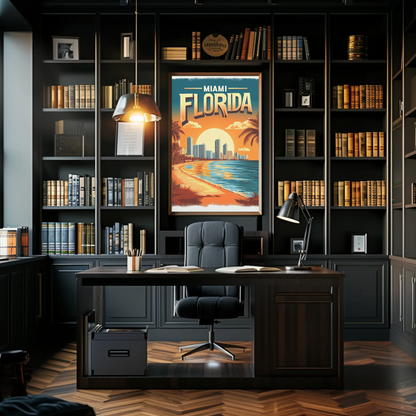 Miami Florida - Beach Sunset Vintage Travel Poster