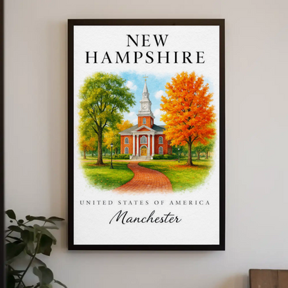 Manchester New Hampshire Historic Brick Church Autumn Travel Poster Travel Poster