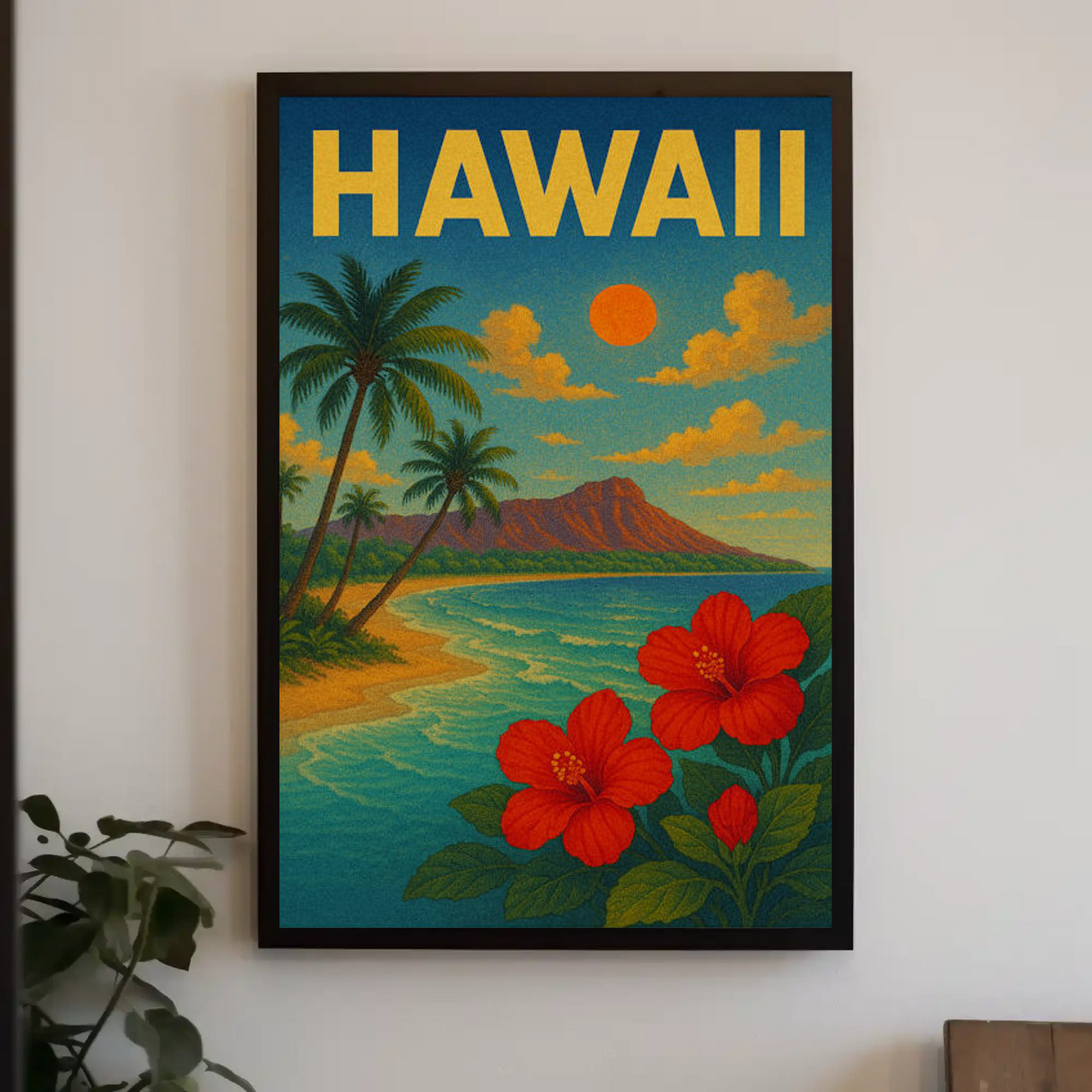 Hawaii Sunset Coastline Hibiscus Beach Travel Poster