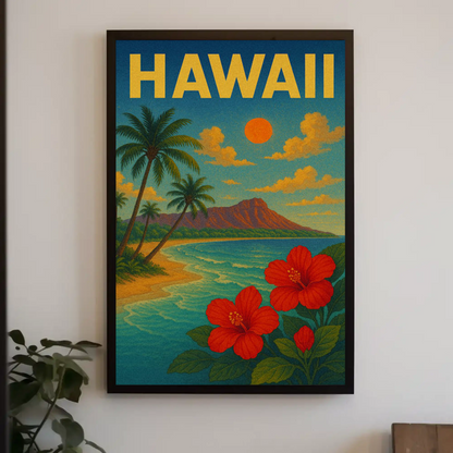 Hawaii Sunset Coastline Hibiscus Beach Travel Poster