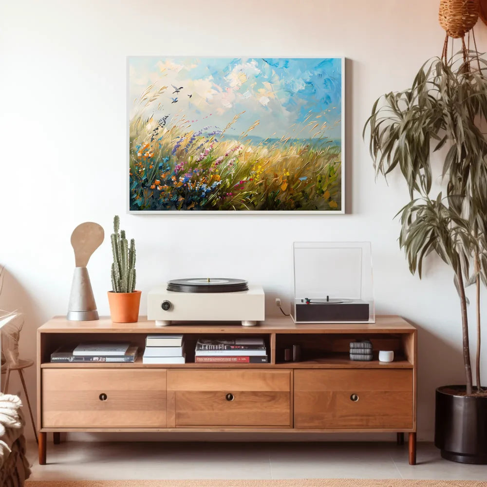 Vibrant Meadow Impressionist Poster with Soaring Birds