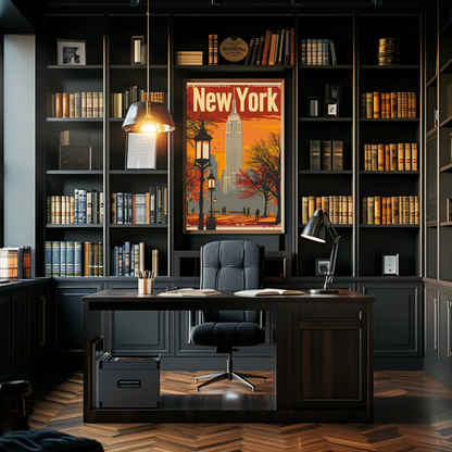 New York Orange Sky Autumn Cityscape Vintage Travel Poster