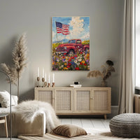 red pickup truck parked in a flower Poster