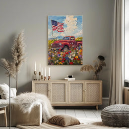 red pickup truck parked in a flower Poster