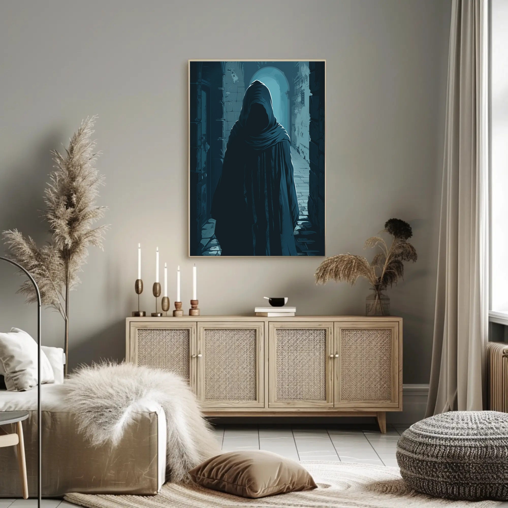 Mysterious Cloaked Figure in Gothic Stone Corridor PosterGoat