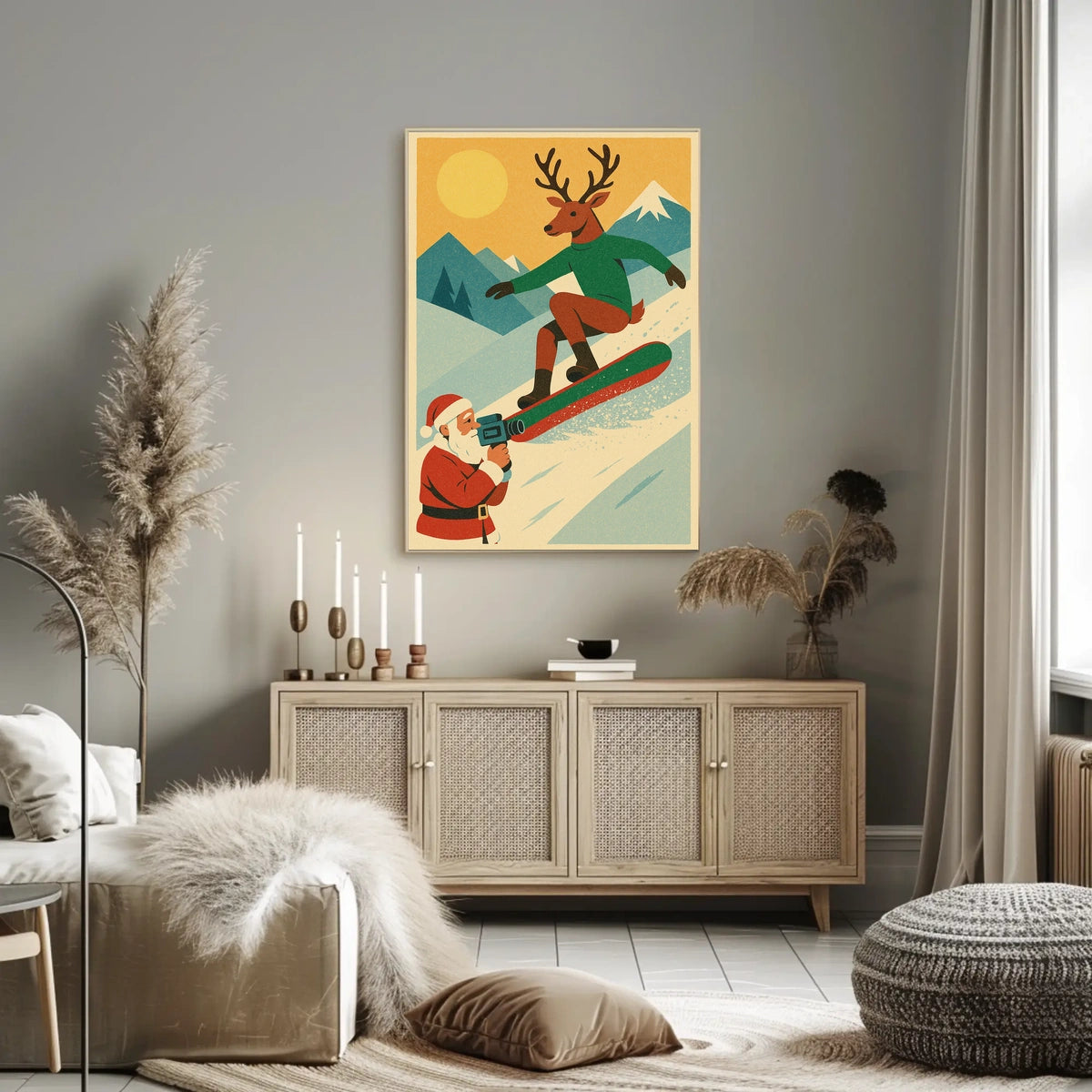 Reindeer Snowboarding Vintage Winter Adventure Poster