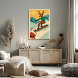 Reindeer Snowboarding Vintage Winter Adventure Poster