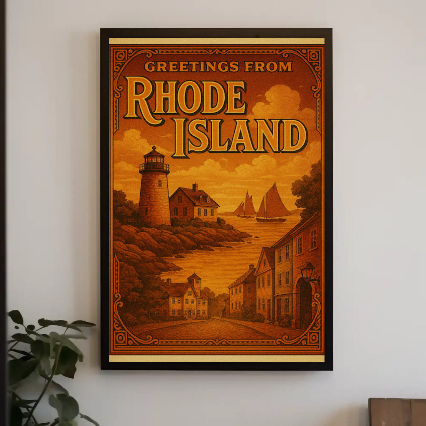 Greetings From Rhode Island Coastal Vintage Lighthouse Travel Poster Travel Poster