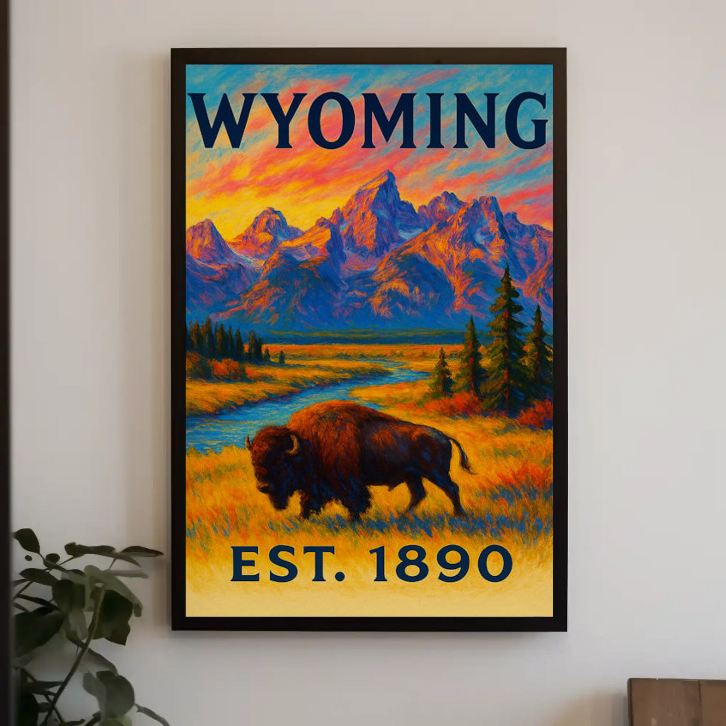 Wyoming Bison Mountains Sunset Vibrant Scenic Travel Poster