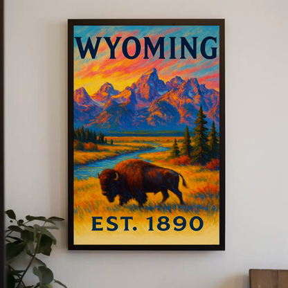Wyoming Bison Mountains Sunset Vibrant Scenic Travel Poster