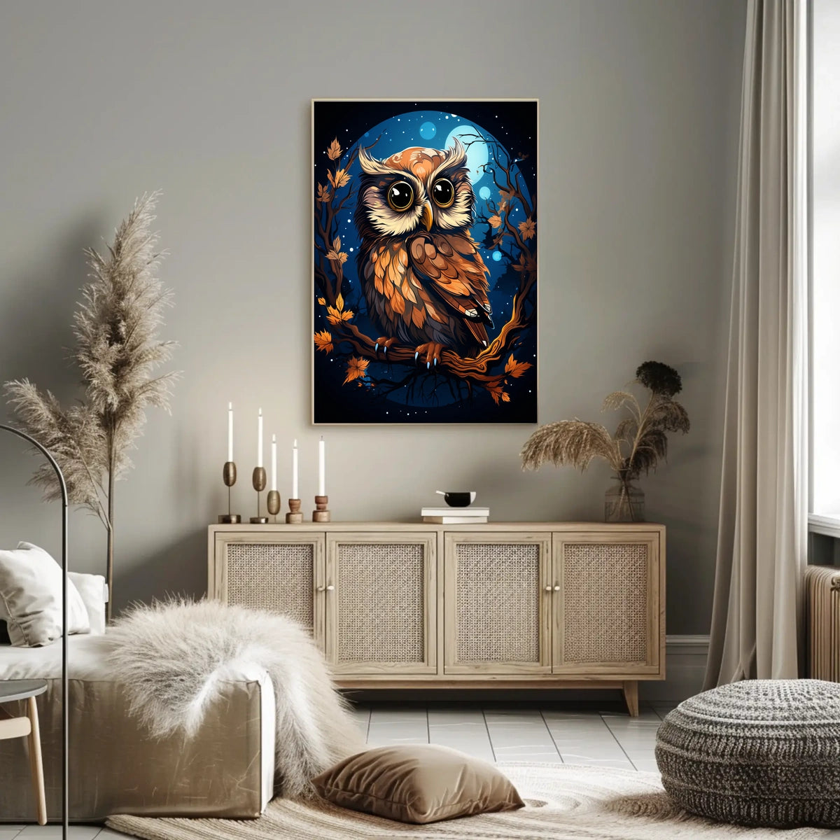 Moonlit Sentinel Owl Night Forest Digital Painting Poster