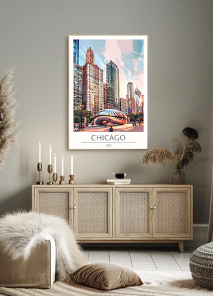 Chicago Skyline Travel Poster with Cloud Gate Landmark