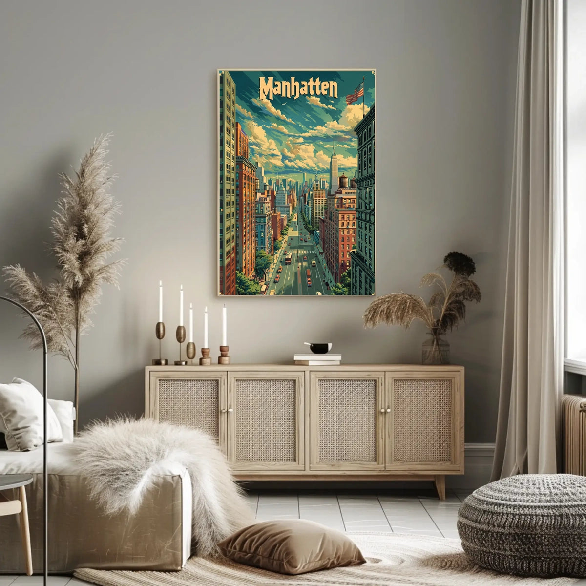 Manhattan Skyline Cityscape Poster Vintage Wall Art