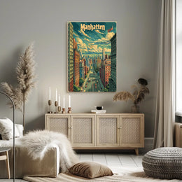 Manhattan Skyline Cityscape Poster Vintage Wall Art