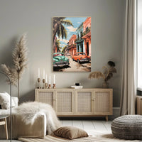 Vintage Cars In A Tropical Street Poster