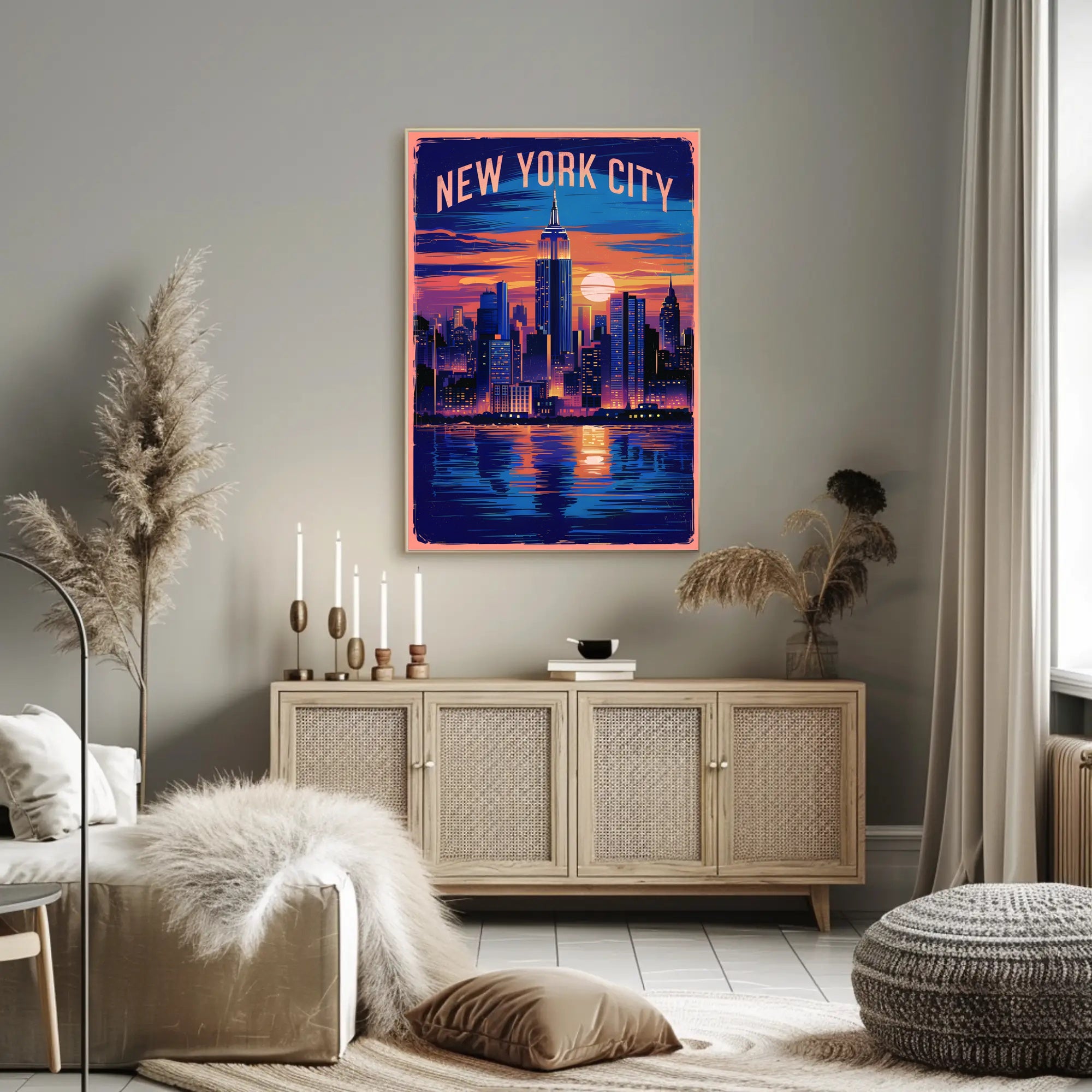 New York City Skyline at Sunset Poster Modern Wall Art