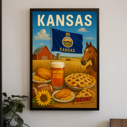 Kansas Farm Horse Pie Sunflower Beer Flag Travel Poster