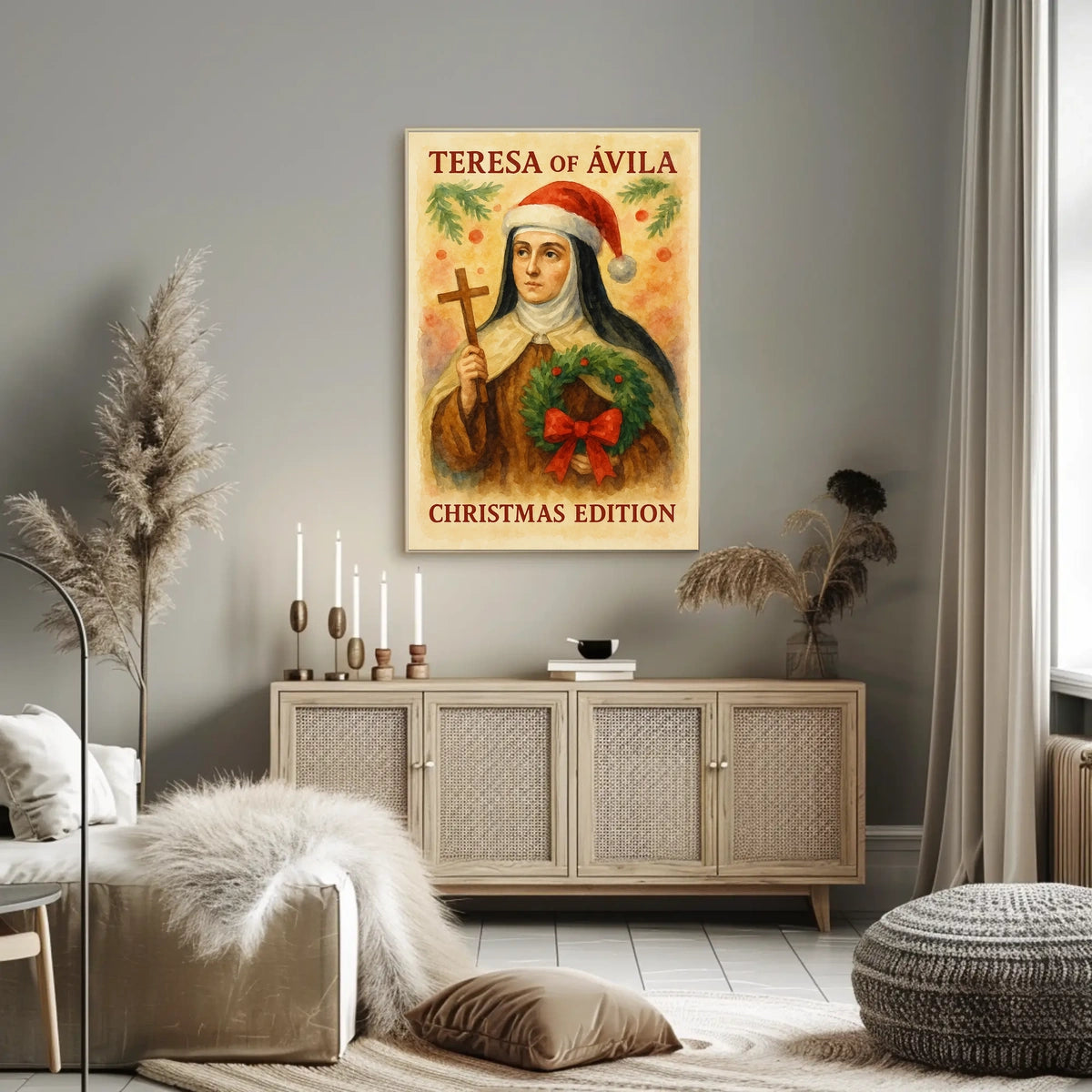 Festive Nun Artistic Poster with Christmas and Religious Elements