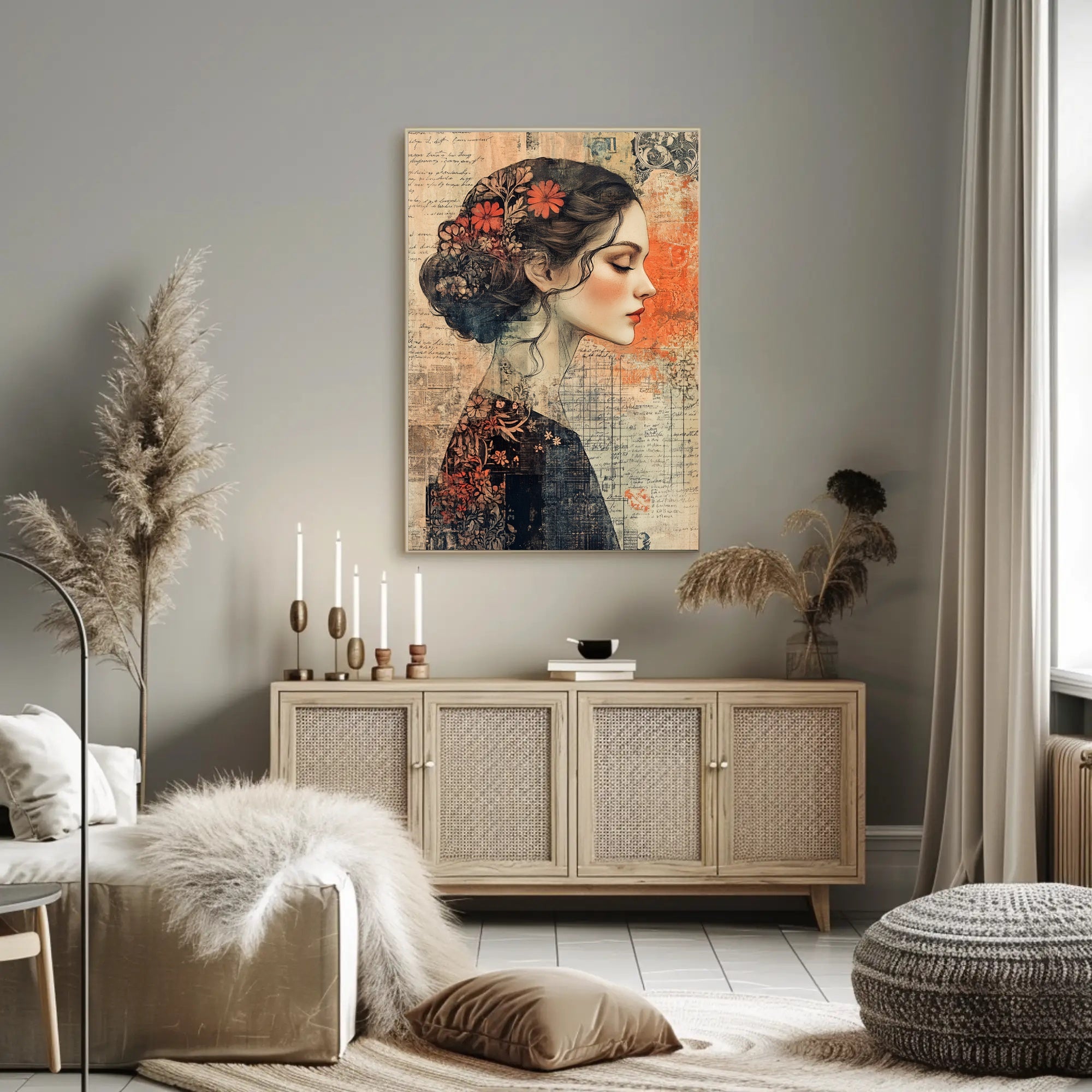 Elegant Woman's Profile with Floral Elements - Artistic Poster