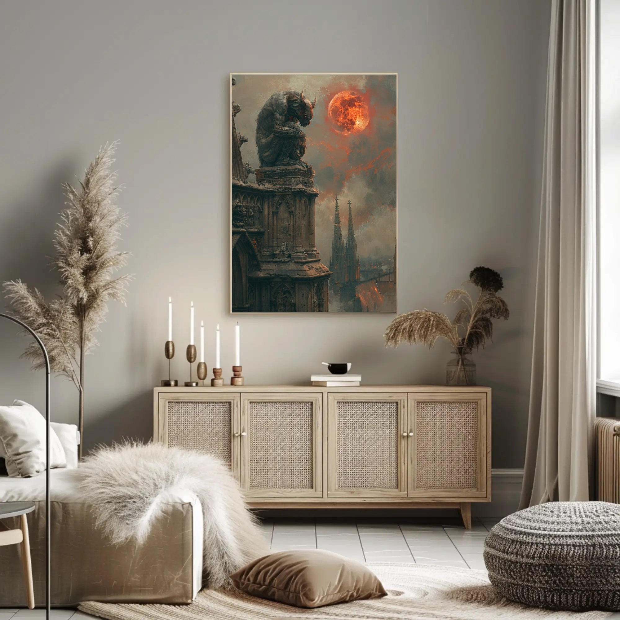 Gothic Gargoyle Under a Fiery Moon Fantasy Poster PosterGoat